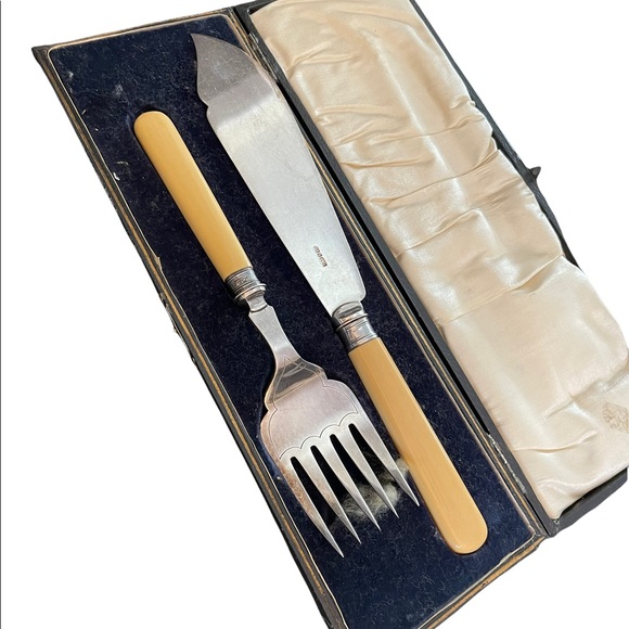 Antique Serving fork & knife Ivory Sterling England appx 1840s - Picture 5 of 12